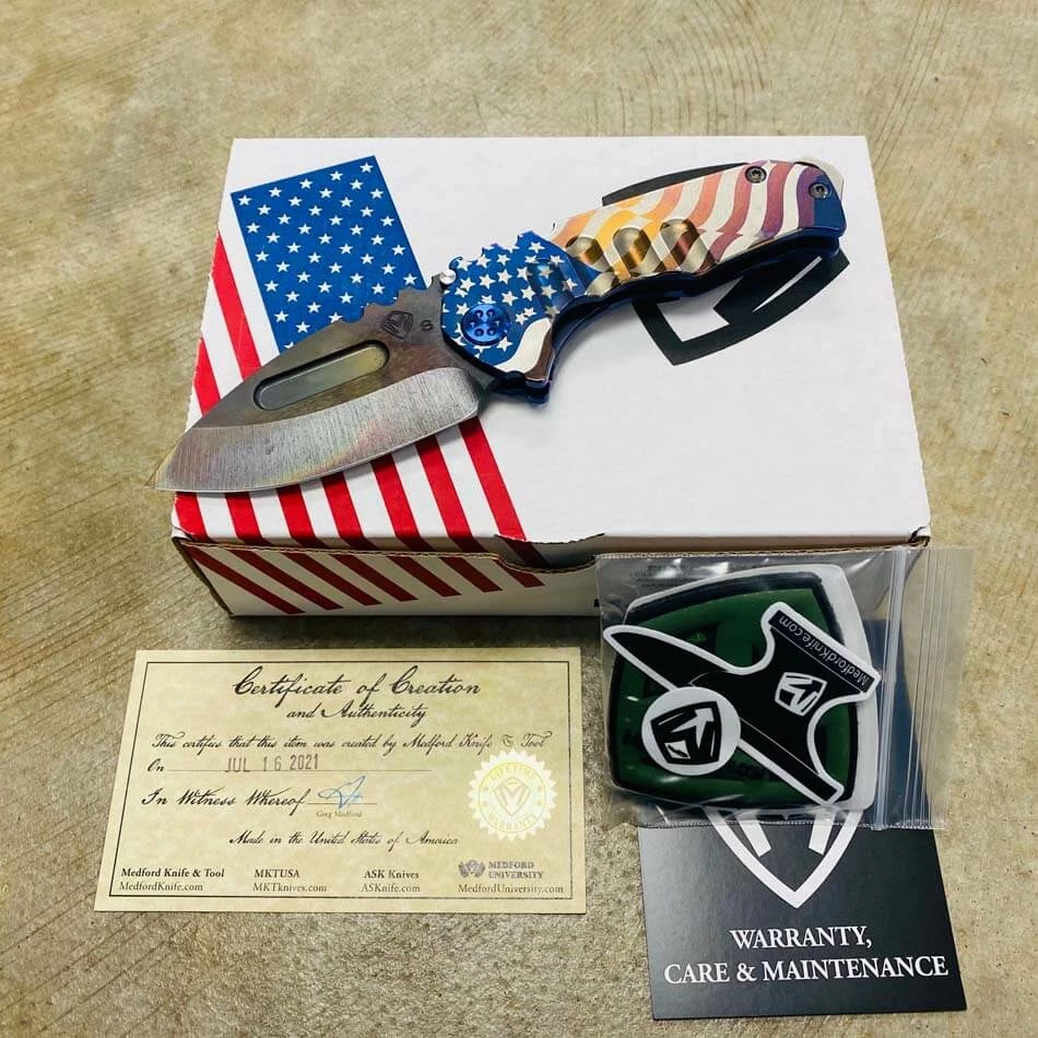 Medford Praetorian Genesis T S35VN Vulcan 3.3" Drop Point Blue American Flag With American Flag Clip Knife 105-103