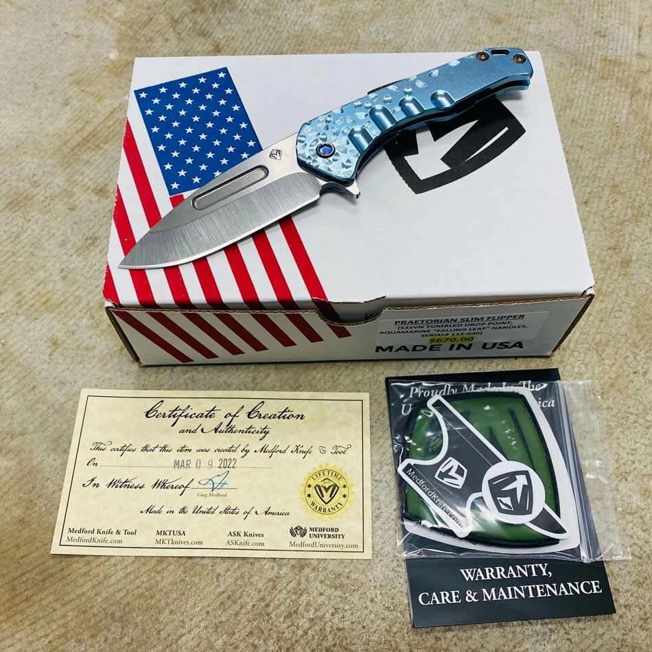 Medford Praetorian Slim Flipper 3.25" S35VN Drop Point Blade Aquamarine Falling Leaf Knife Serial 112-040