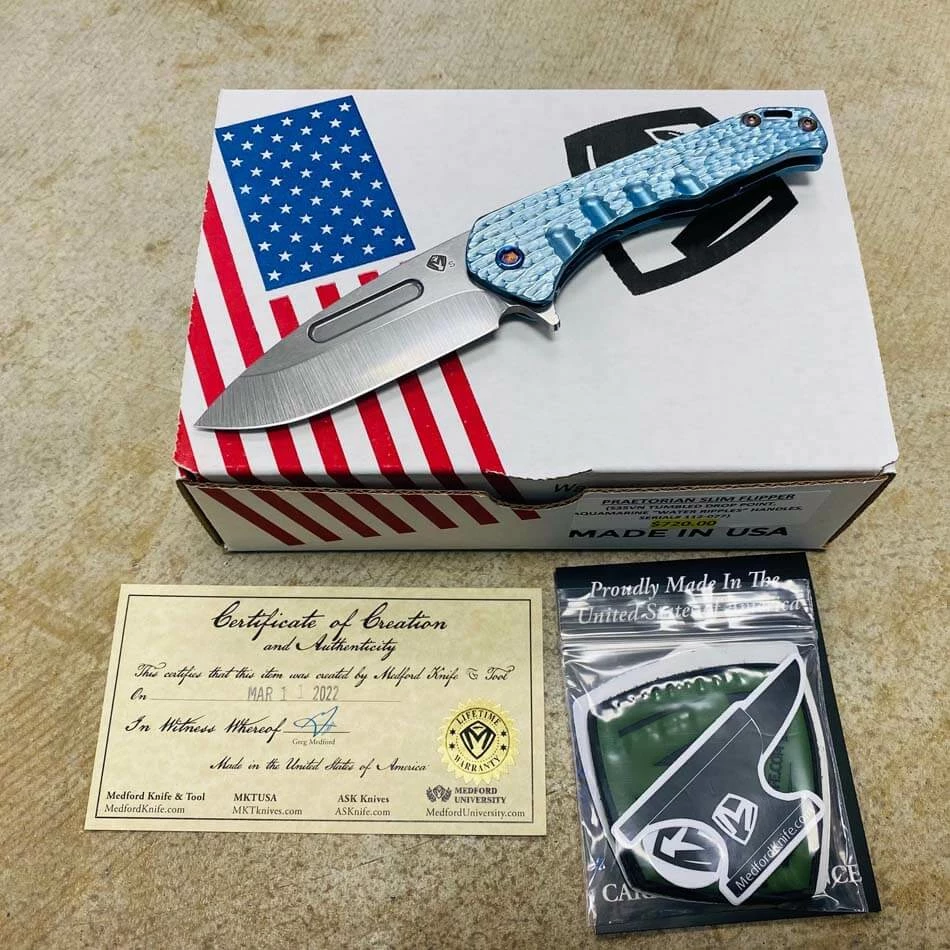 Medford Praetorian Slim Flipper 3.25" S35VN Drop Point Blade Aquamarine Water Ripples Knife Serial 112-077