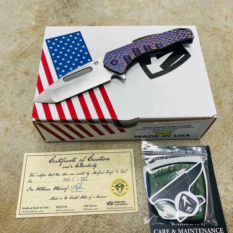 Medford Praetorian Slim Flipper 3.25" S35VN Tanto Blade Violet Bronze Dragon Scales Knife Serial 112-097