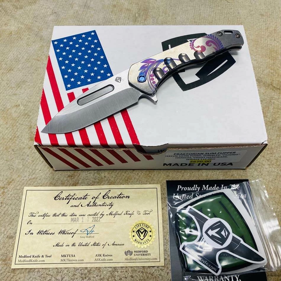 Medford Praetorian Slim Flipper 3.25" S35VN Satin Drop Point Blade Tumbled Filigree Handles Knife Serial 112-081