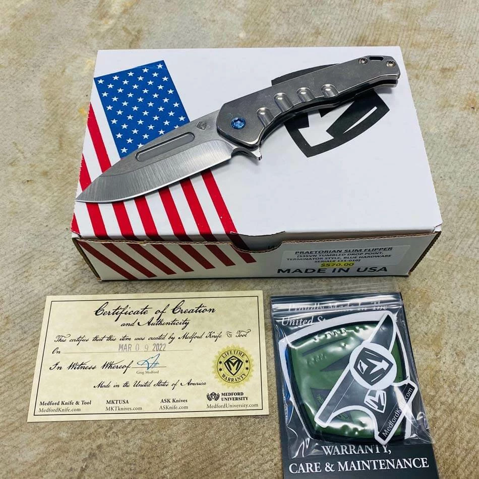 Medford Praetorian Slim Flipper 3.25" S35VN Tumbled Blade Terminator Blue Hardware Folding Knife Serial 111-010