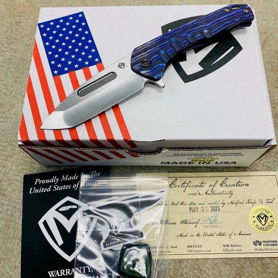 Medford Praetorian Slim Flipper 3.25" S35VN SATIN Drop Point Blade Violet Bark Handles Knife 301-037