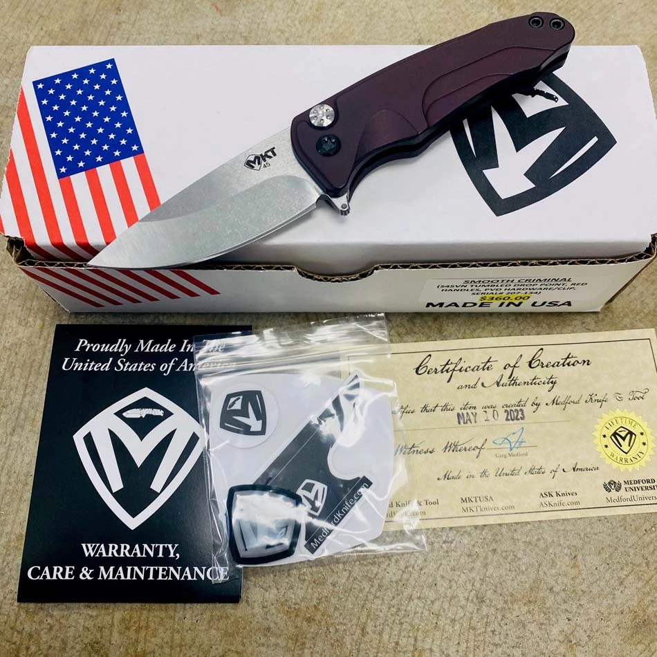 Medford Smooth Criminal Red S45VN Tumbled Blade 3" Folding Knife With PVD Hardware Serial 207-134 BLADE SHOW 2023