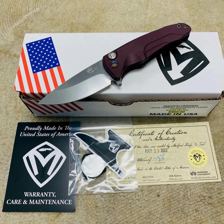 Medford Smooth Criminal Red S45VN Tumbled Blade 3" Folding Knife Serial 302-593