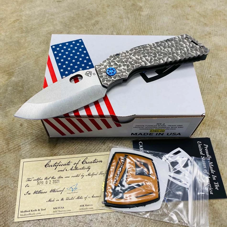 Medford TFF-1 S35VN 4" Tumbled Blade Peaks And Valleys Handles Blue Ano Hardware Knife 101-010