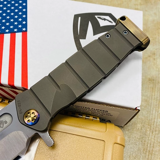 Medford USMC Fighter Flipper 4.25" S35VN SATIN Blade, Bronze BEAD BLASTED Handles,Flamed Polished Hardware Knife 04-023 - Image 3