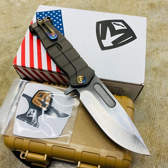 Medford USMC Fighter Flipper 4.25" S35VN SATIN Blade, Bronze BEAD BLASTED Handles,Flamed Polished Hardware Knife 04-023 - Image 5