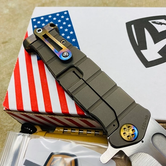Medford USMC Fighter Flipper 4.25" S35VN SATIN Blade, Bronze BEAD BLASTED Handles,Flamed Polished Hardware Knife 04-023 - Image 6
