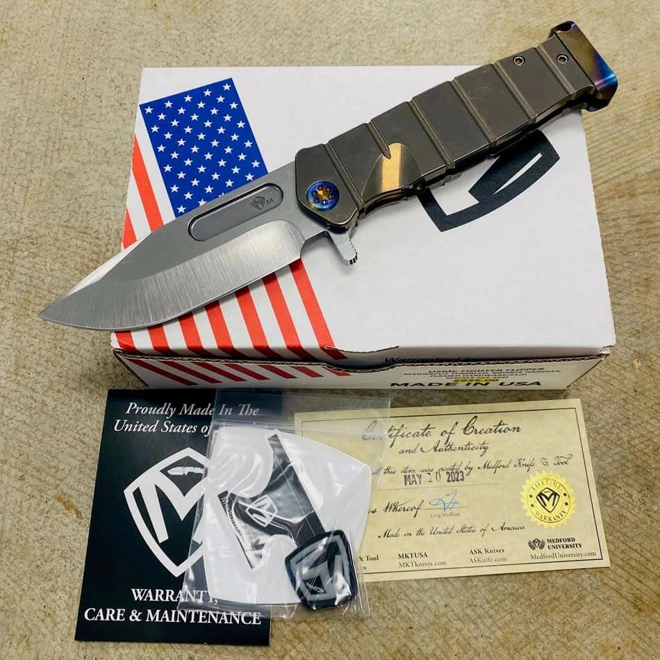 Medford USMC Fighter Flipper 4.25" Magnacut Blade Bronze Handles, Flamed Hardware Knife 203-303 Blade Show 2023