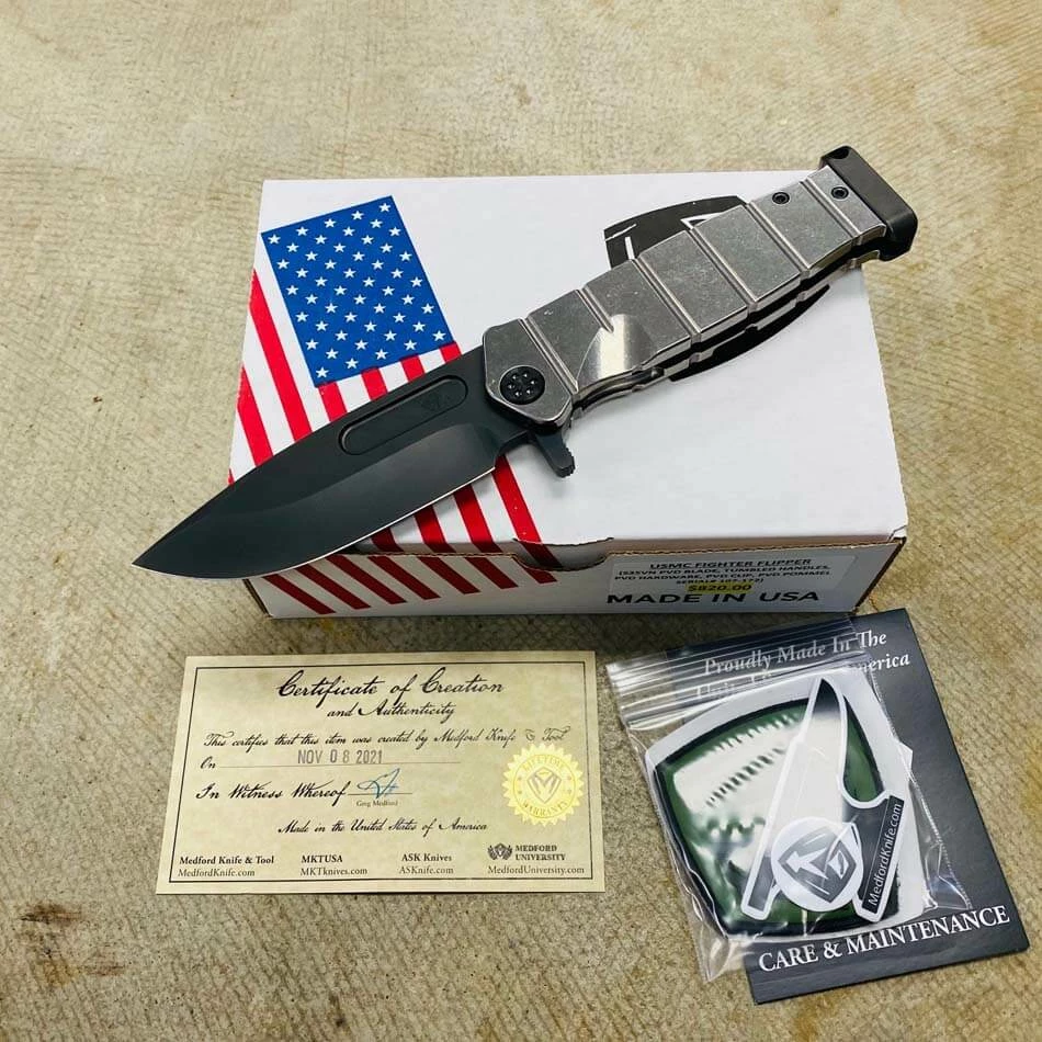 Medford USMC Fighter Flipper 4.25" S35VN PVD Blade Tumbled Handles PVD Hardware Knife 107-172