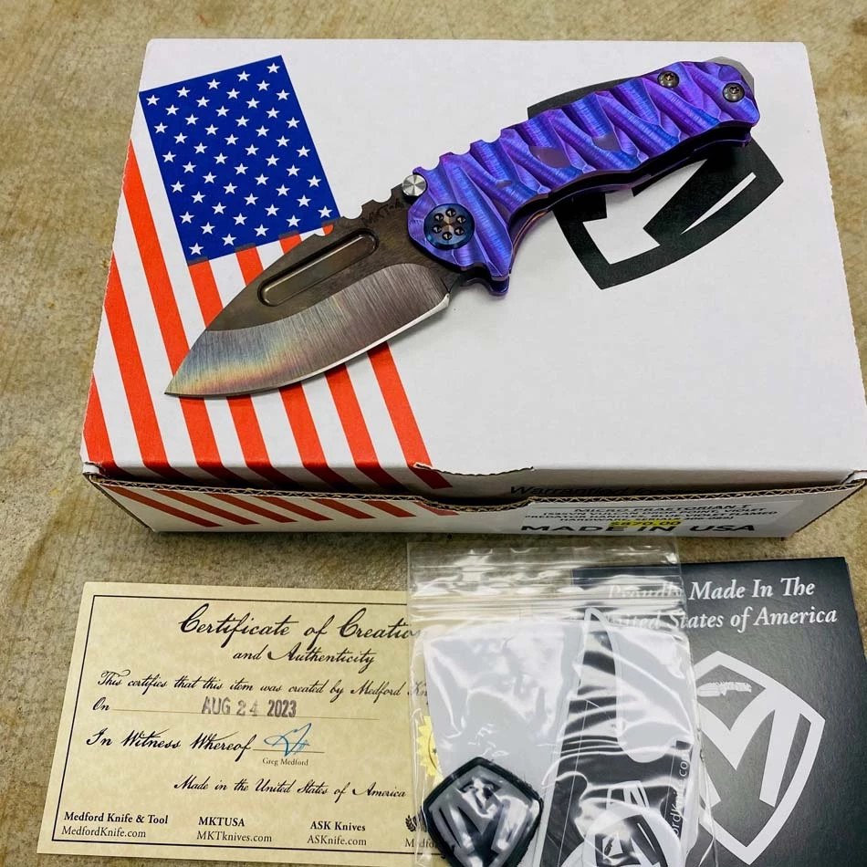 Medford Micro Praetorian T S35VN 2.8" Vulcan Drop Point Violet Predator Handles, Blue To Violet Hardware Clip Knife Serial 306-089