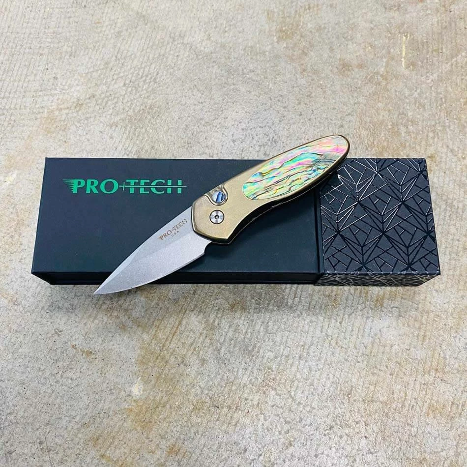 ProTech 2022 Sprint Custom 2" Titanium Frame With Bronze Anodize Abalone Inlay Abalone Button Blue Titanium Clip Stonewash S35Vn Blade Knife