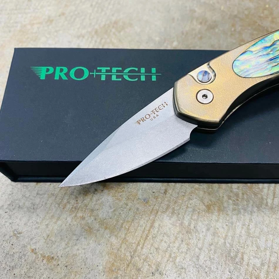 ProTech 2022 Sprint Custom 2" Titanium Frame With Bronze Anodize Abalone Inlay Abalone Button Blue Titanium Clip Stonewash S35Vn Blade Knife - Image 2