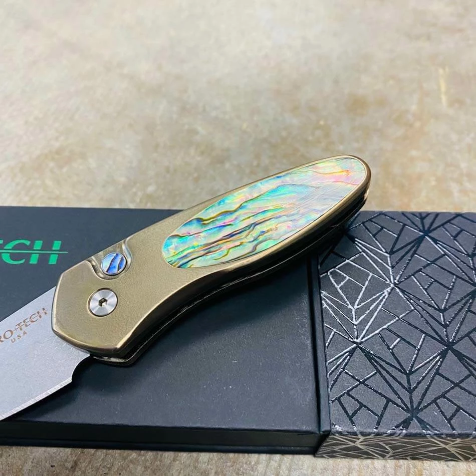 ProTech 2022 Sprint Custom 2" Titanium Frame With Bronze Anodize Abalone Inlay Abalone Button Blue Titanium Clip Stonewash S35Vn Blade Knife - Image 3