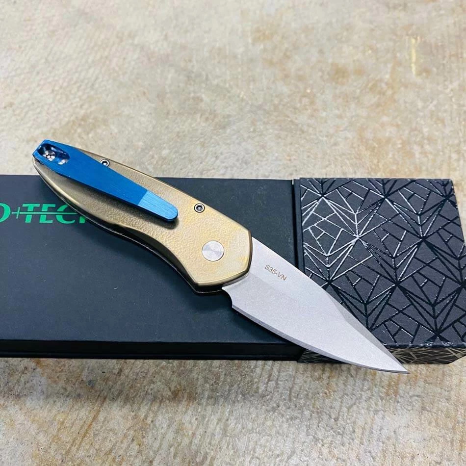 ProTech 2022 Sprint Custom 2" Titanium Frame With Bronze Anodize Abalone Inlay Abalone Button Blue Titanium Clip Stonewash S35Vn Blade Knife - Image 4
