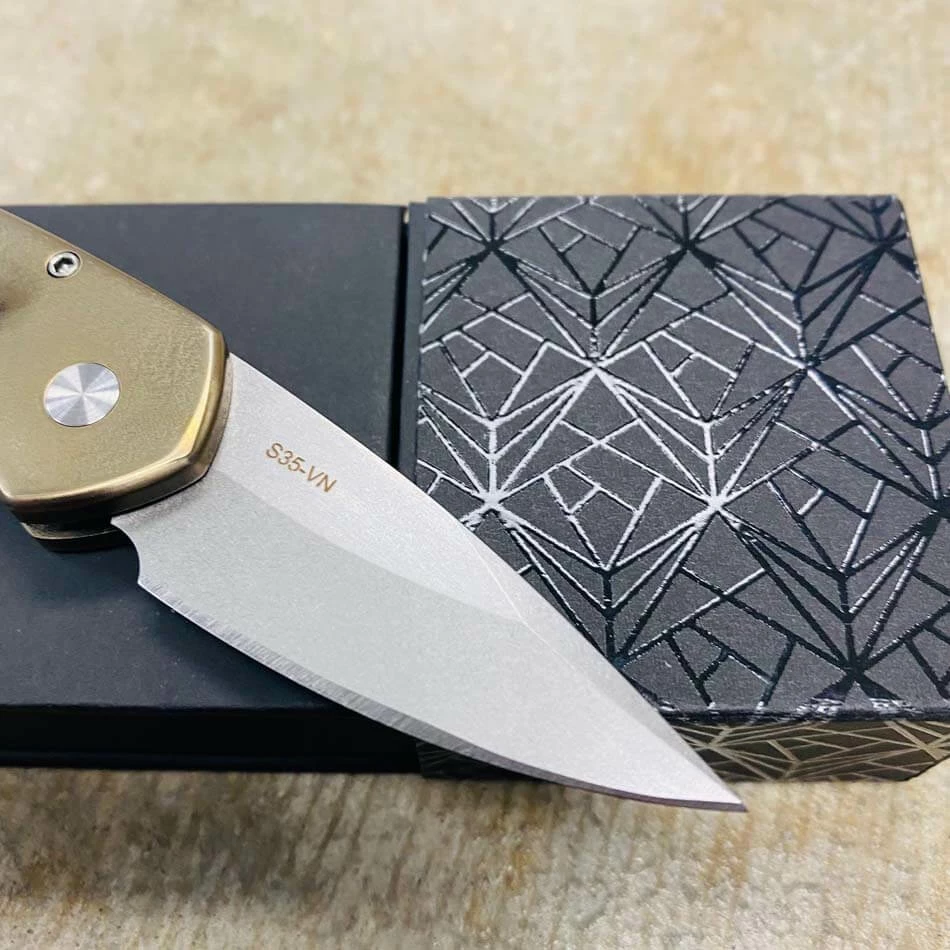 ProTech 2022 Sprint Custom 2" Titanium Frame With Bronze Anodize Abalone Inlay Abalone Button Blue Titanium Clip Stonewash S35Vn Blade Knife - Image 5