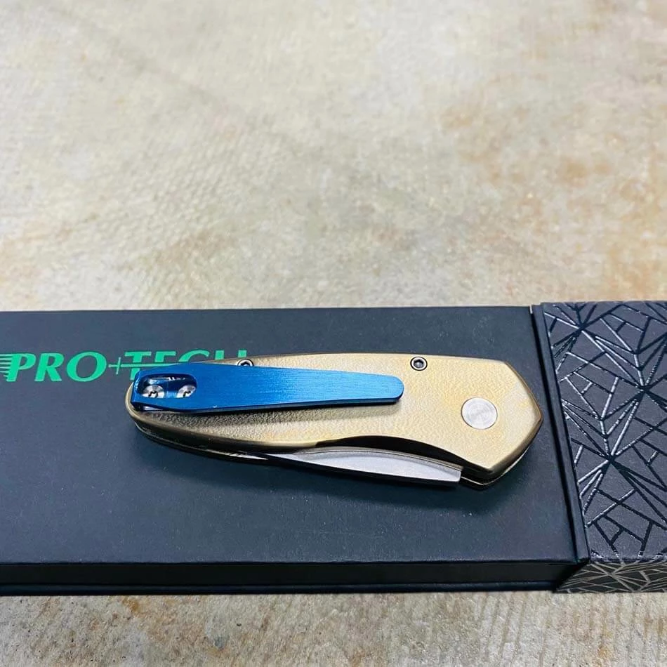 ProTech 2022 Sprint Custom 2" Titanium Frame With Bronze Anodize Abalone Inlay Abalone Button Blue Titanium Clip Stonewash S35Vn Blade Knife - Image 8