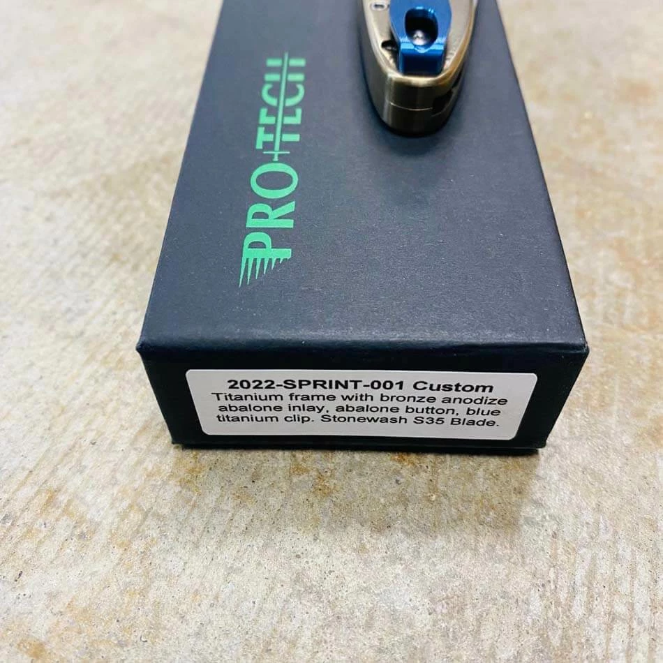 ProTech 2022 Sprint Custom 2" Titanium Frame With Bronze Anodize Abalone Inlay Abalone Button Blue Titanium Clip Stonewash S35Vn Blade Knife - Image 9