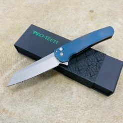 Protech 2023 Malibu Custom 006 3D Machined 2 Tone Matte Blue And Satin Bronze Ano Titanium Handles, Pearl Push Button, 20CV Stonewashed Reverse Tanto Blade Knife BLADE SHOW 2023