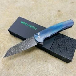 Protech 2023 Malibu Custom 009 3D Machined Blue Ano Titanium Handles, Pearl Push Button, Vegas Forge Vines And Roses Reverse Tanto Blade Knife BLADE SHOW 2023