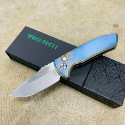 Protech 2023 SBR Custom 001 2 Tone Blue Bronze Chamfers Titanium Handles With Orange Peel Finish, Pearl Button, Satin Hardware, S35Vn Stonewash Blade, Auto Knife BLADE SHOW 2023