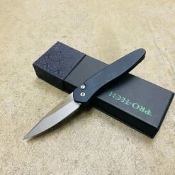 PROTECH 3405 Newport 3" Stonewash Blade Black Handle Plain Edge Auto Knife