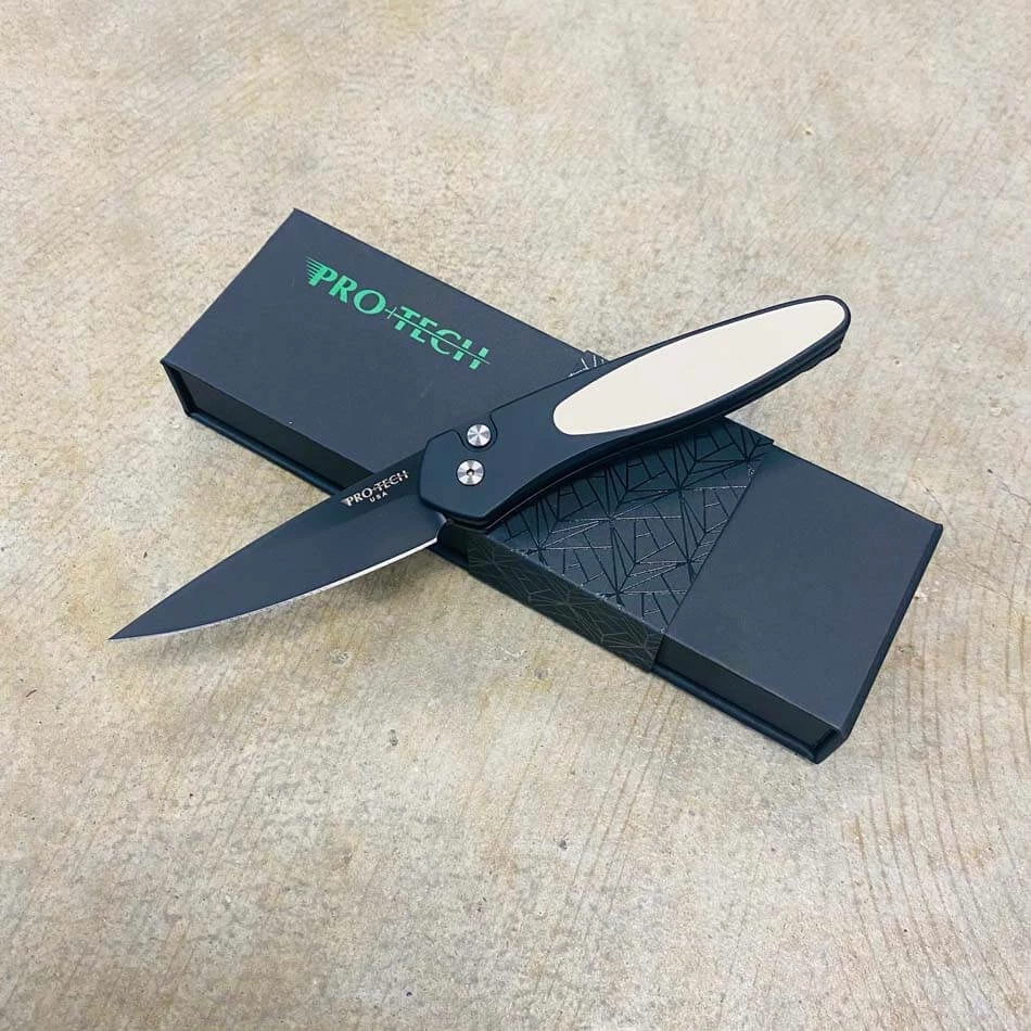 Protech 3452 Newport 3" Tuxedo Black Blade Black Handle Ivory Micarta Inlay Auto Knife