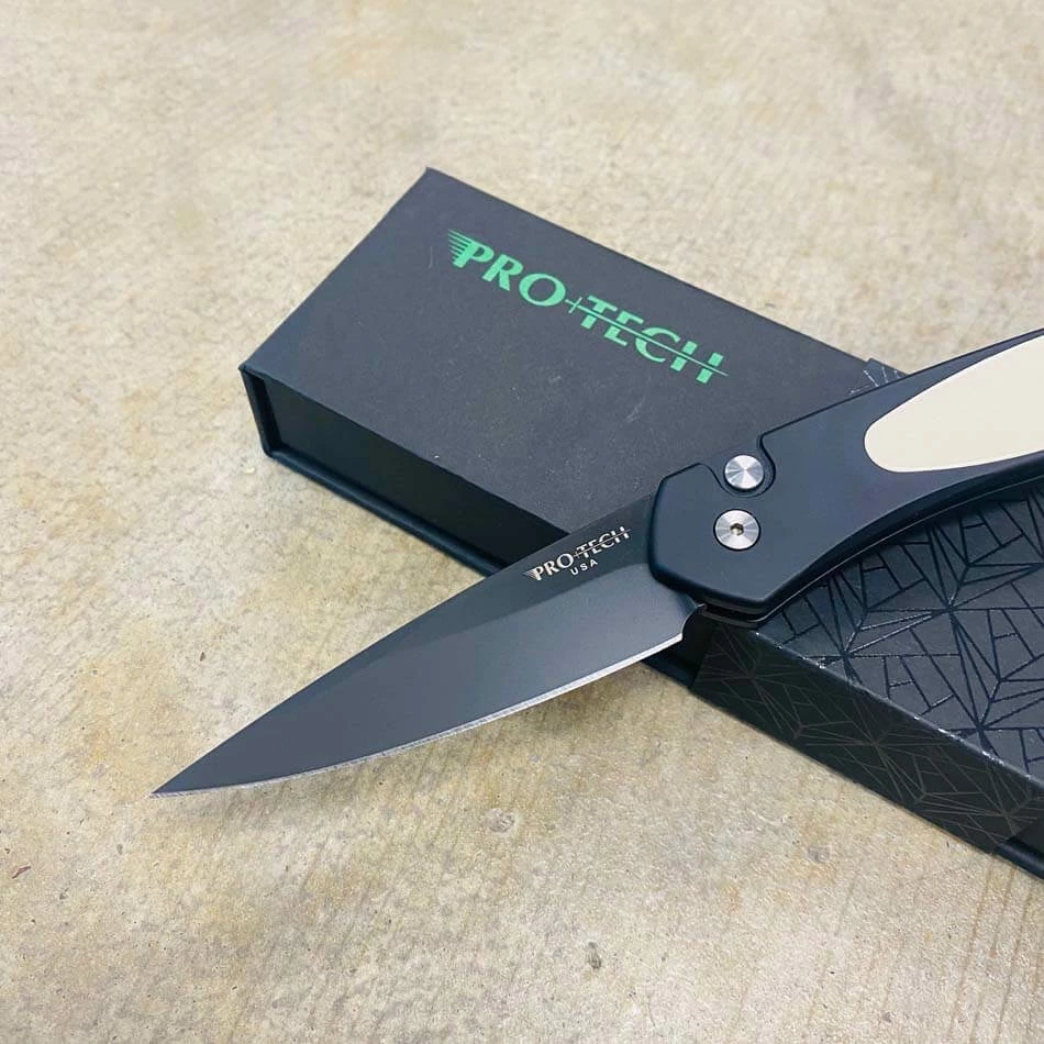 Protech 3452 Newport 3" Tuxedo Black Blade Black Handle Ivory Micarta Inlay Auto Knife - Image 2