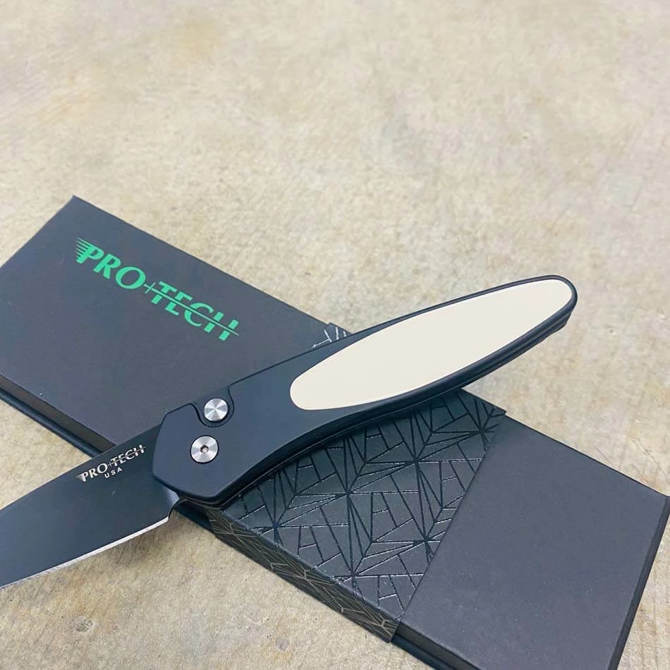 Protech 3452 Newport 3" Tuxedo Black Blade Black Handle Ivory Micarta Inlay Auto Knife - Image 3