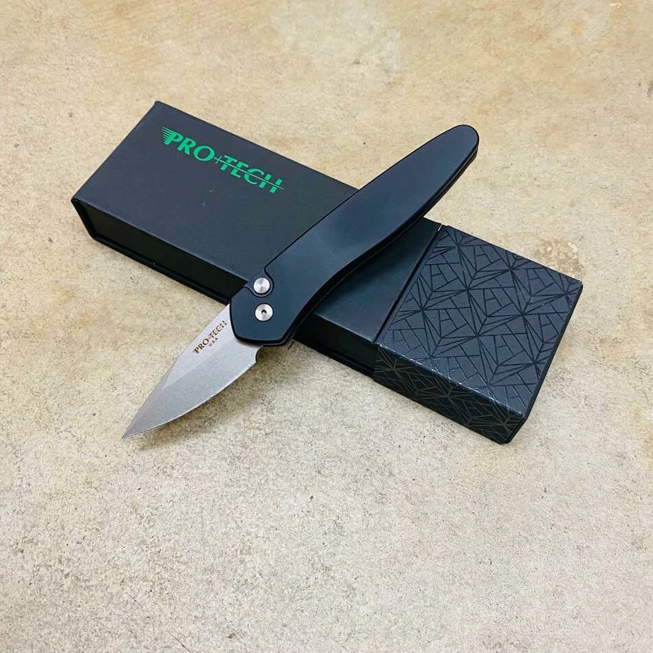 Protech 3605 Half-Breed 2" Auto Black Handle Stonewash Blade Plain Edge Auto Knife