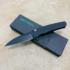 Protech 5306 Malibu Solid BLACK Textured Handle, DLC Black Magnacut Blade, Mosaic Button Folding Knife BLADE SHOW 2023