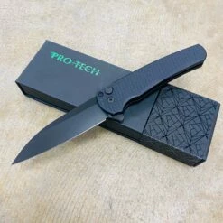 Protech 5336 Malibu Magnacut Wharncliffe 3.3" DLC Black Blade, Flipper Dragon Scale Black Handle With All Black Hardware Knife