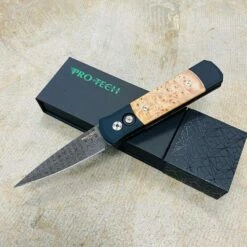 PROTECH 706-DAM-Ladder Godson 3.15" Black Handle, Maple Burl Inlays, Mosaic Pin Button, Chad Nichols Ladder Damascus, Titanium Pocket Clip Anodized Bronze Knife