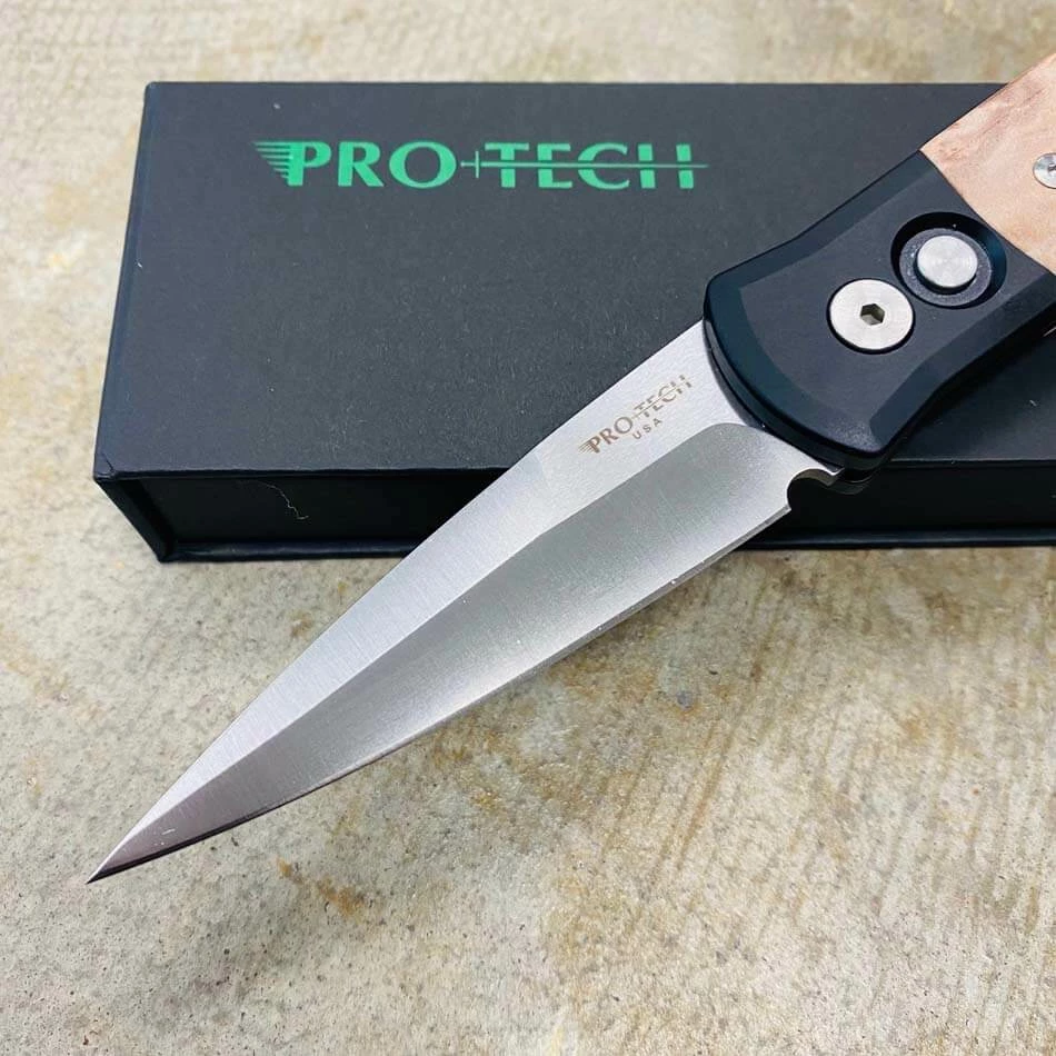 PROTECH 706 Godson 3.15" Blade Black Handle Maple Burl Wood Inlays Satin Blade Plain Edge Automatic Knife - Image 2