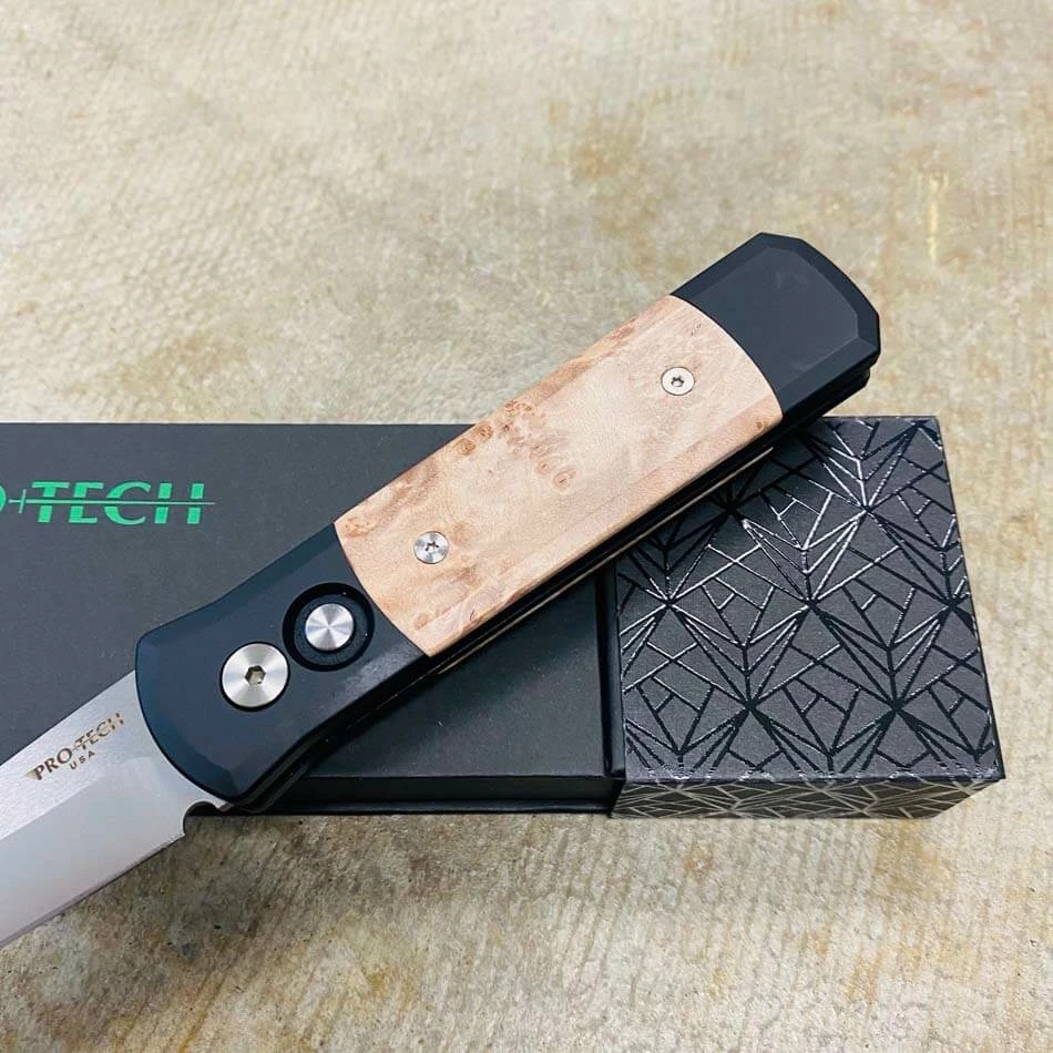 PROTECH 706 Godson 3.15" Blade Black Handle Maple Burl Wood Inlays Satin Blade Plain Edge Automatic Knife - Image 3