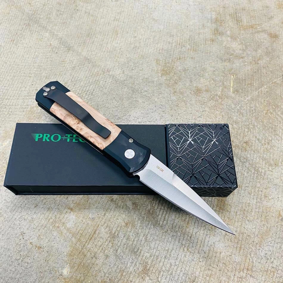 PROTECH 706 Godson 3.15" Blade Black Handle Maple Burl Wood Inlays Satin Blade Plain Edge Automatic Knife - Image 4