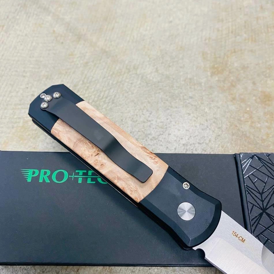 PROTECH 706 Godson 3.15" Blade Black Handle Maple Burl Wood Inlays Satin Blade Plain Edge Automatic Knife - Image 6