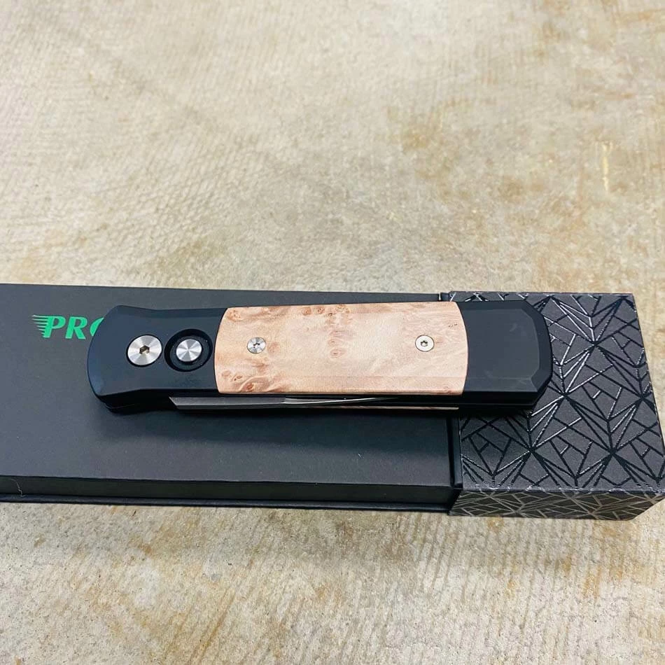 PROTECH 706 Godson 3.15" Blade Black Handle Maple Burl Wood Inlays Satin Blade Plain Edge Automatic Knife - Image 7