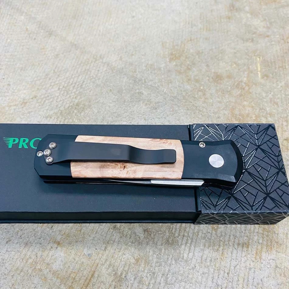 PROTECH 706 Godson 3.15" Blade Black Handle Maple Burl Wood Inlays Satin Blade Plain Edge Automatic Knife - Image 8