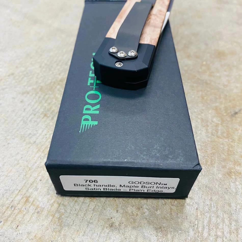 PROTECH 706 Godson 3.15" Blade Black Handle Maple Burl Wood Inlays Satin Blade Plain Edge Automatic Knife - Image 9