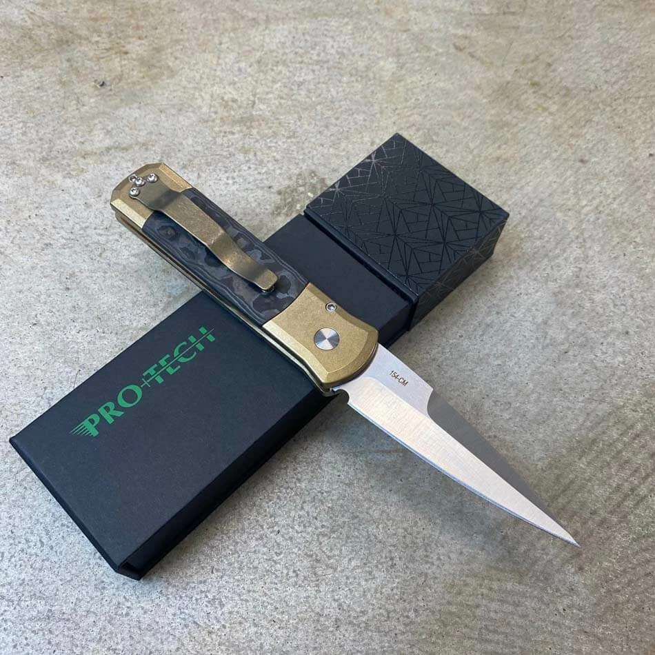 Protech 7114 Fat Carbon Black Camo Inlays Godson 3.15" Satin 154-CM Blade Auto Knife - Image 4