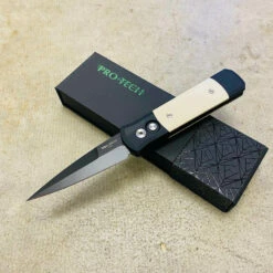 PROTECH 752 Godson 3.15" Tuxedo Black Handle Ivory Micarta Inlays Black Blade Plain Edge Knife