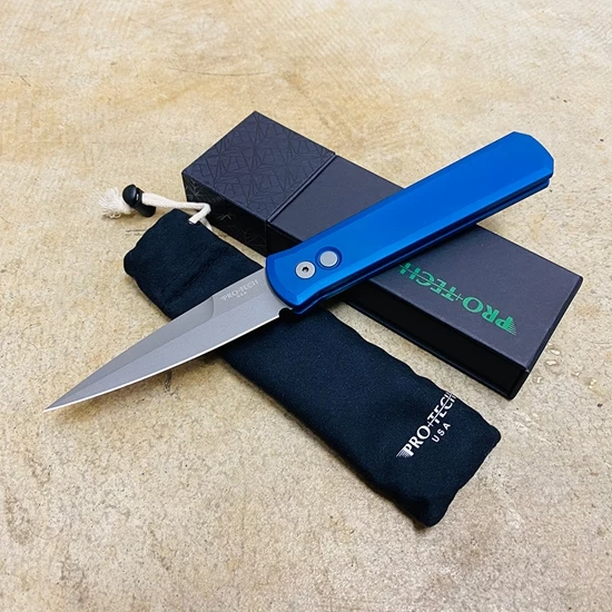 PROTECH 920-BLUE Godfather Satin 4" Solid Blue Handle Blasted Blade Knife
