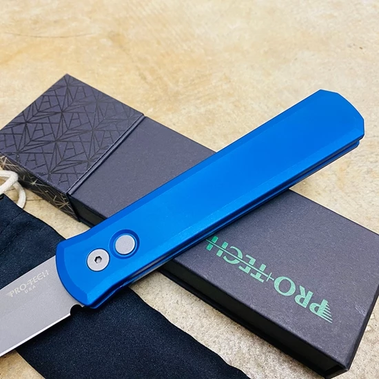 PROTECH 920-BLUE Godfather Satin 4" Solid Blue Handle Blasted Blade Knife - Image 3