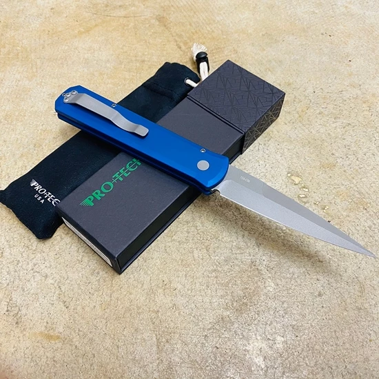PROTECH 920-BLUE Godfather Satin 4" Solid Blue Handle Blasted Blade Knife - Image 4