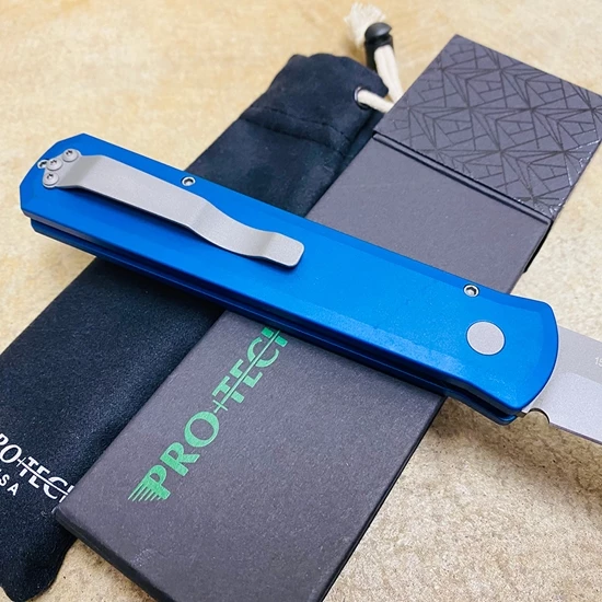 PROTECH 920-BLUE Godfather Satin 4" Solid Blue Handle Blasted Blade Knife - Image 6