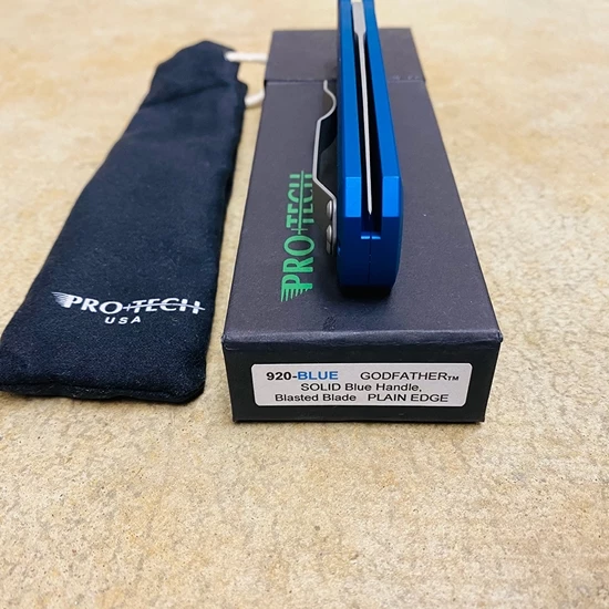 PROTECH 920-BLUE Godfather Satin 4" Solid Blue Handle Blasted Blade Knife - Image 7