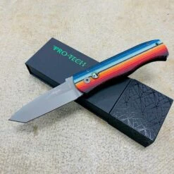 ProTech E7T Emerson CQC7 3.25" Chisel Tanto MEXICAN BLANKET, Mother Of Pearl Button, Stonewash Blade, Auto Knife BLADE SHOW 2023
