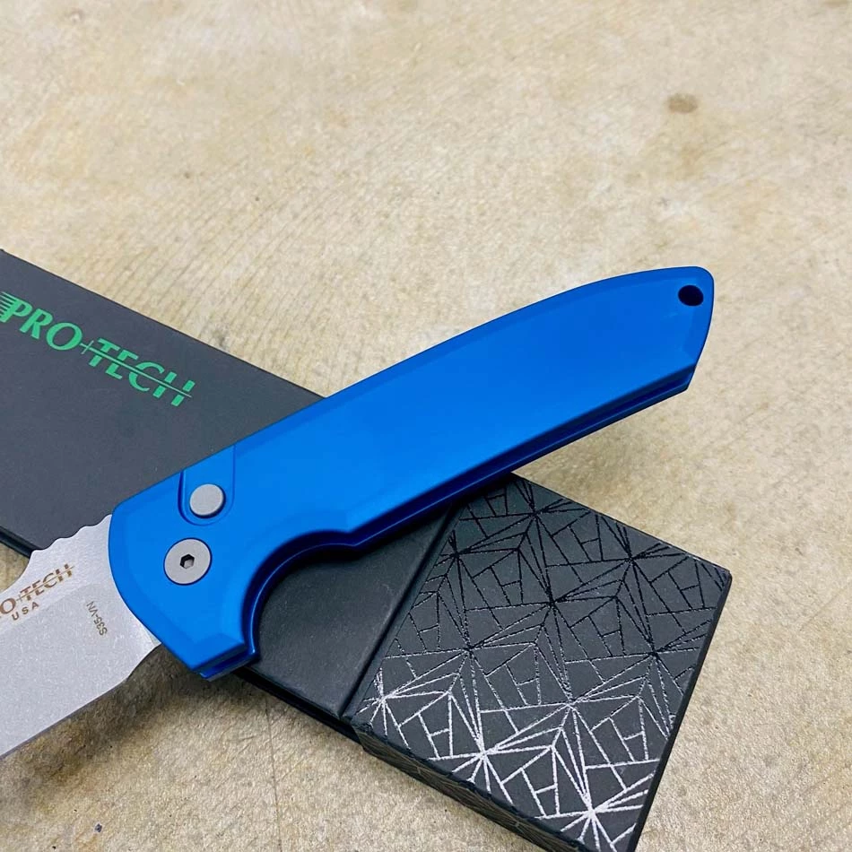 Protech LG301-BLUE Les George Rockeye 3.4" Stonewash CPM-S35VN Blade Solid Blue Handles Automatic Knife - Image 3